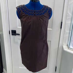 Brown Sleeveless Dress with Geometric Neckline